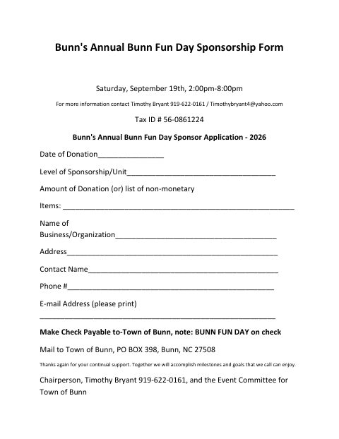 First page of the Bunn Fun Day Sponsor Application