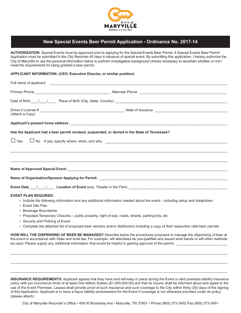 First page of the Special Events Beer Permit Application