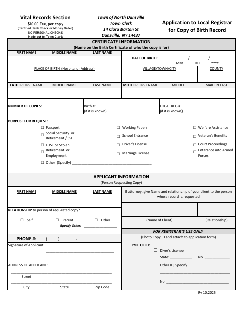 First page of the Application to Local Registrar for Copy of Birth Record