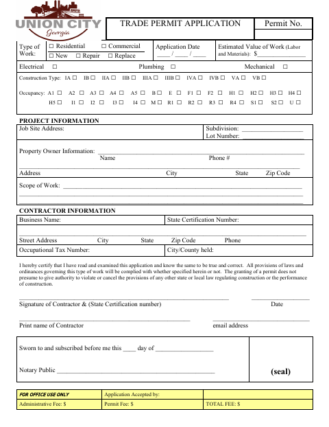 First page of the Trade Permit Application