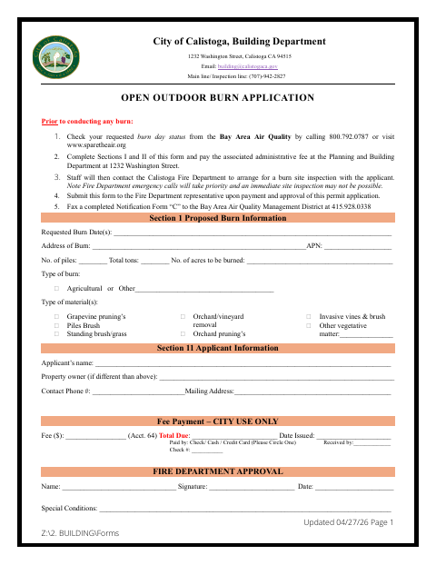First page of the Open Outdoor Burn Application