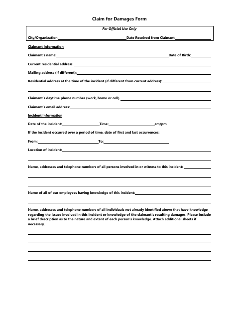 First page of the Claim for Damages Form