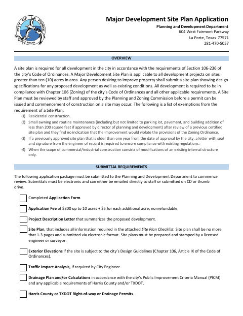 First page of the Major Development Site Plan Application