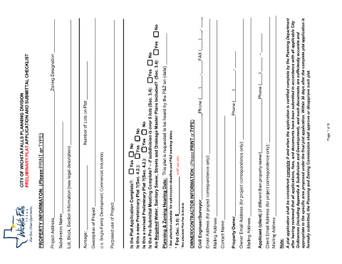 First page of the Preliminary Plat Application and Submittal Checklist
