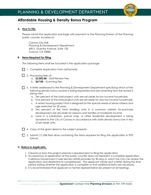 First page of the Affordable Housing & Density Bonus Program