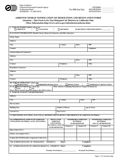 First page of the Asbestos NESHAP Notification of Demolition and Renovation Form
