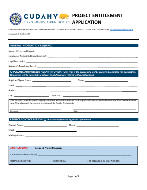 First page of the Project Entitlement Application