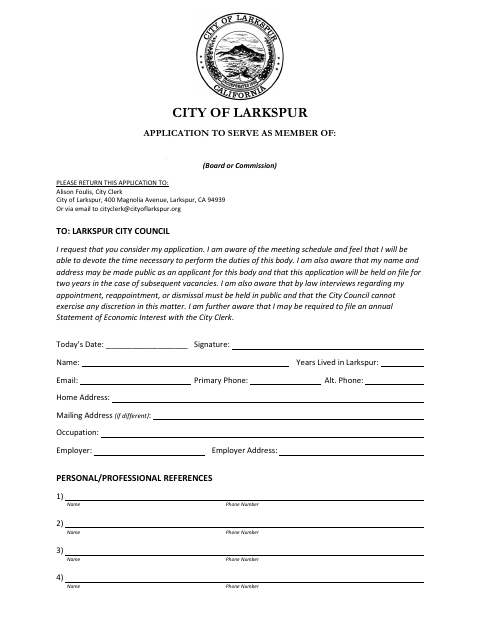 First page of the Application to Serve as a Board or Commission Member