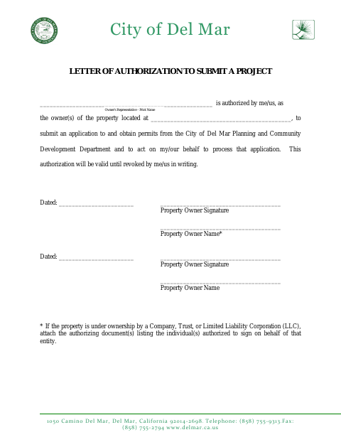 First page of the Letter of Authorization to Submit a Project