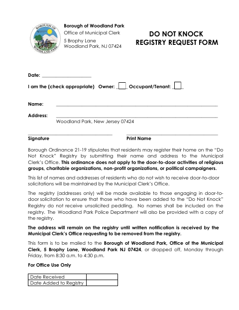First page of the Do Not Knock Registry Request Form