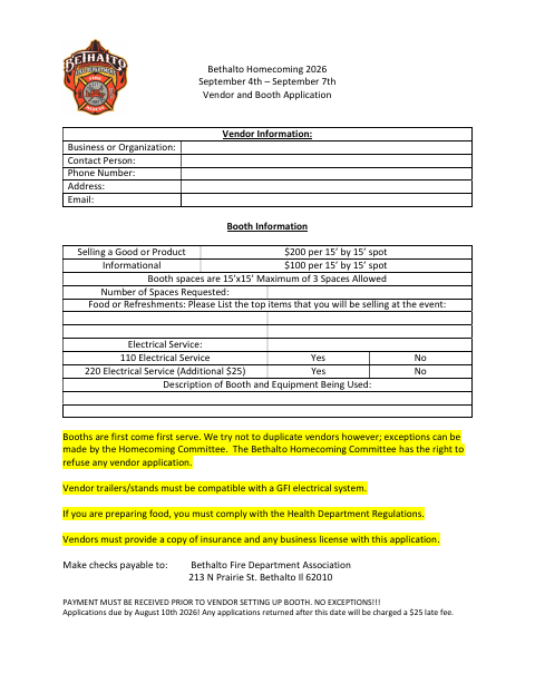 First page of the Homecoming Vendor and Booth Application