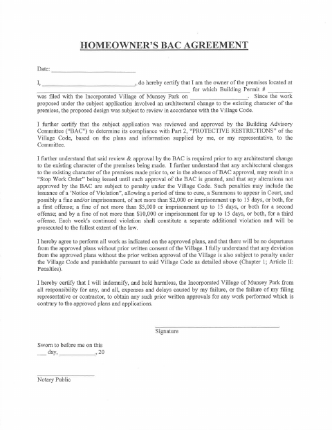 First page of the Homeowner’s BAC Agreement
