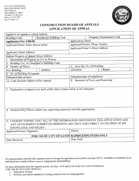First page of the Construction Board of Appeals Application