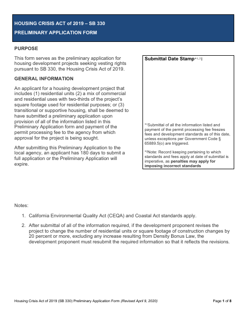 First page of the Housing Crisis Act of 2019 – SB 330 Preliminary Application Form