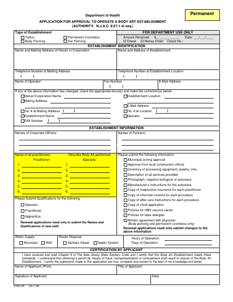 First page of the Application for Approval to Operate a Body Art Establishment
