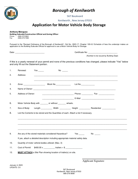 First page of the Application for Motor Vehicle Body Storage