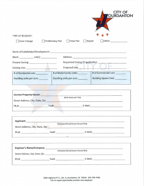 First page of the Zoning and Plat Application