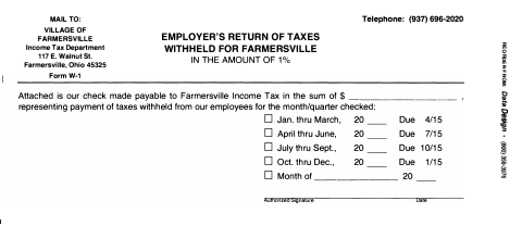 First page of the Employer's Return of Taxes Withheld for Farmersville