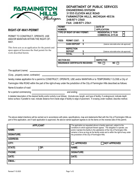 First page of the Right of Way Permit