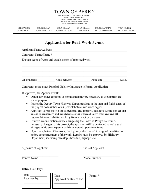 First page of the Road Work Permit Application