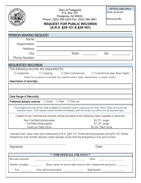First page of the Request For Public Records