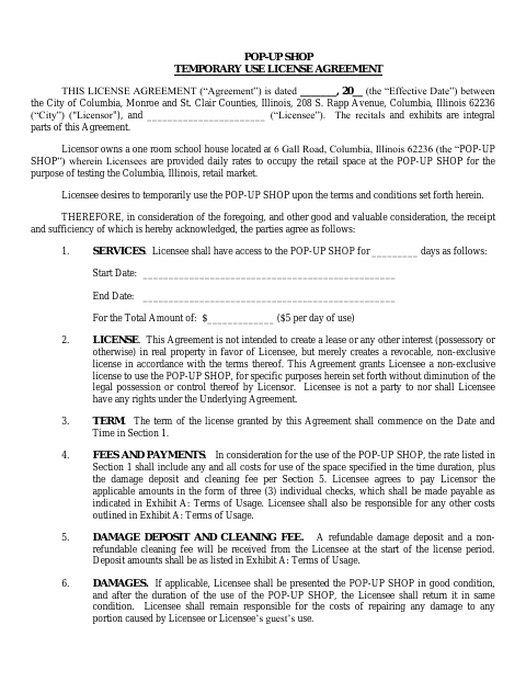 First page of the Pop-Up Shop Temporary Use License Agreement