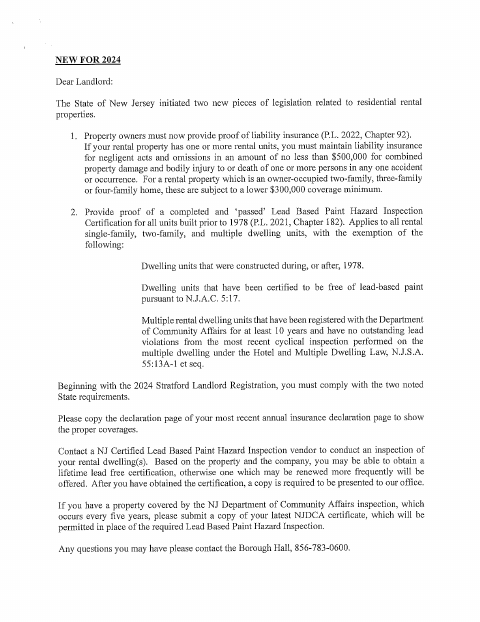 First page of the Annual Rental Registration