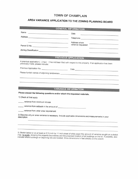 First page of the Area Variance Application