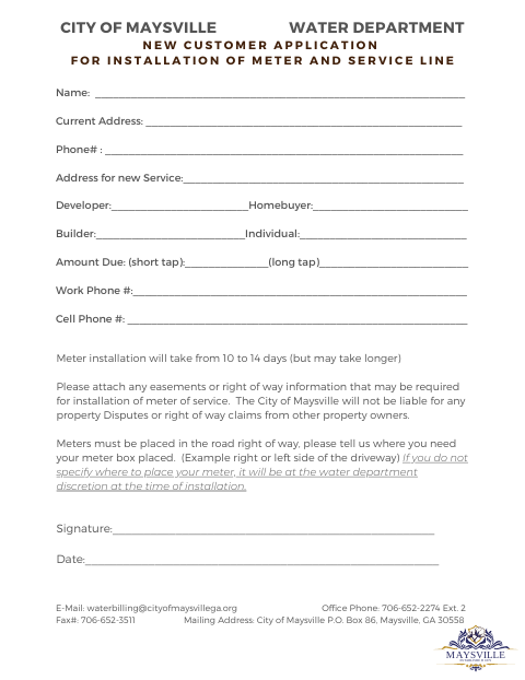 First page of the New Customer Application for Installation of Meter and Service Line