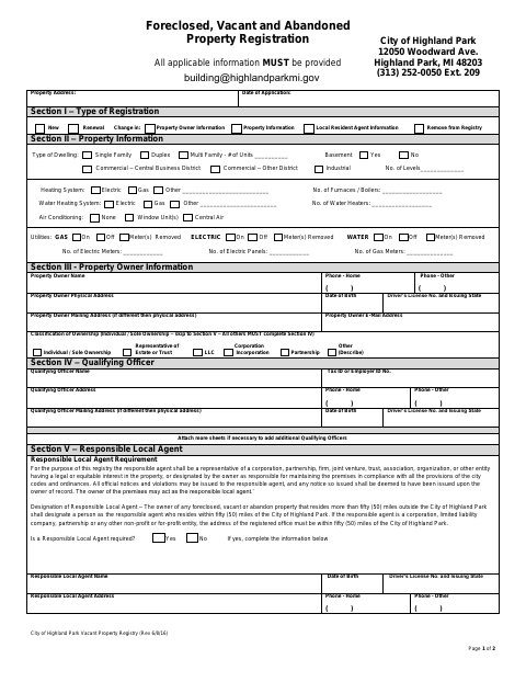 First page of the Foreclosed, Vacant and Abandoned Property Registration