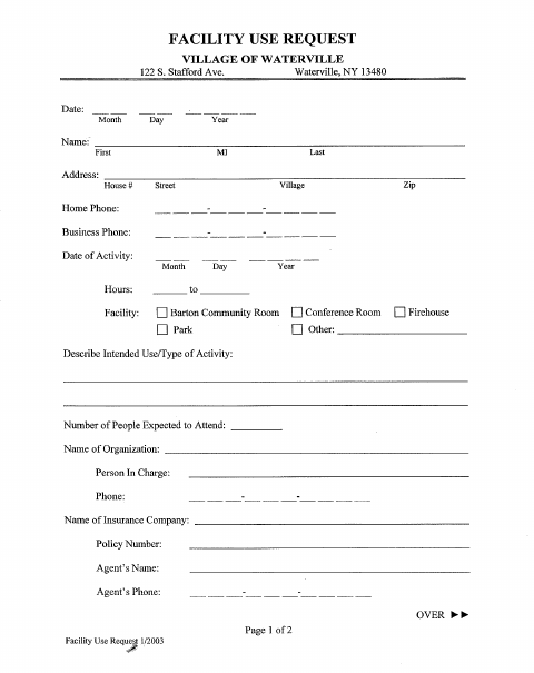 First page of the Facility Use Request