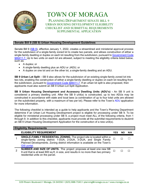 First page of the Senate Bill 9 Urban Housing Development Eligibility Checklist and Submittal Requirements Supplemental Application