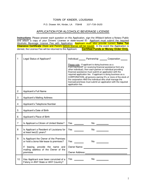 First page of the Alcoholic Beverage License Application