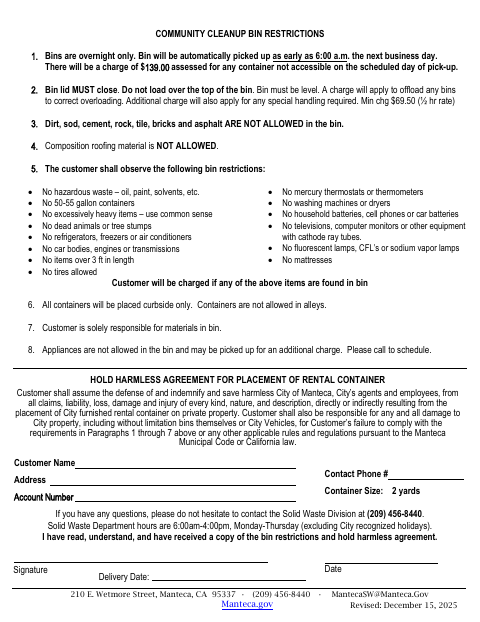 First page of the Community Cleanup Bin Restrictions