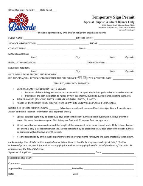 First page of the Temporary Sign Permit