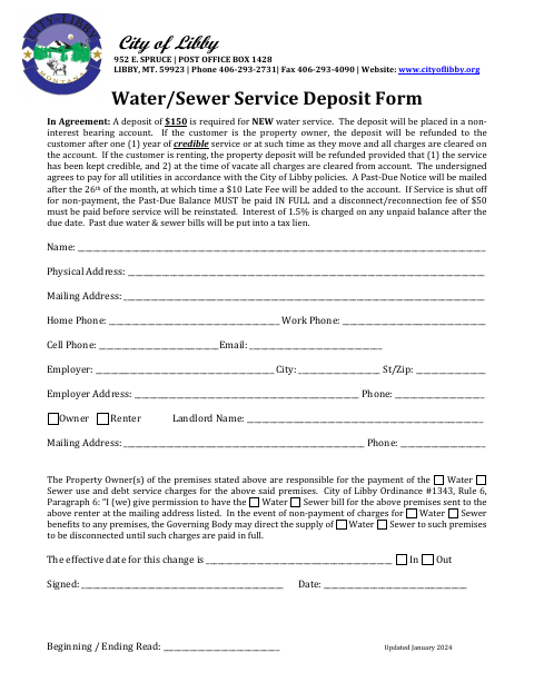 First page of the Water/Sewer Service Deposit Form