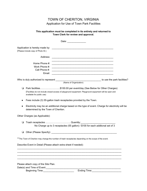 First page of the Application for Use of Town Park Facilities
