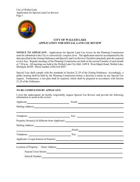 First page of the Application for Special Land Use Review