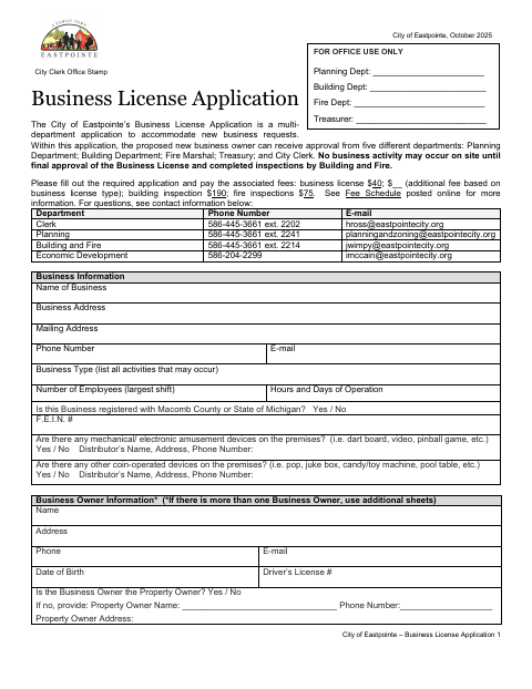 First page of the Business License Application