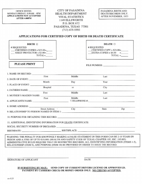 First page of the Birth and Death Certificate Application