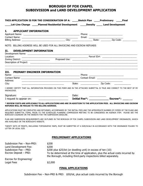First page of the Subdivision and Land Development Application
