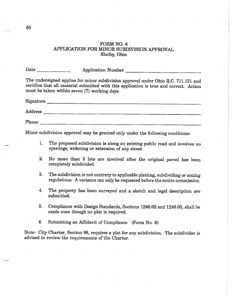 First page of the Application for Minor Subdivision Approval