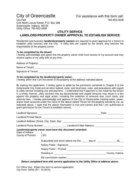 First page of the Landlord/Property Owner Approval to Establish Utility Service