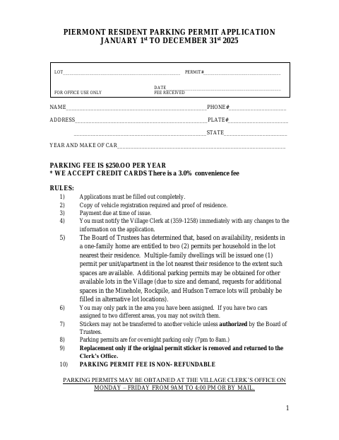First page of the Piermont Resident Parking Permit Application