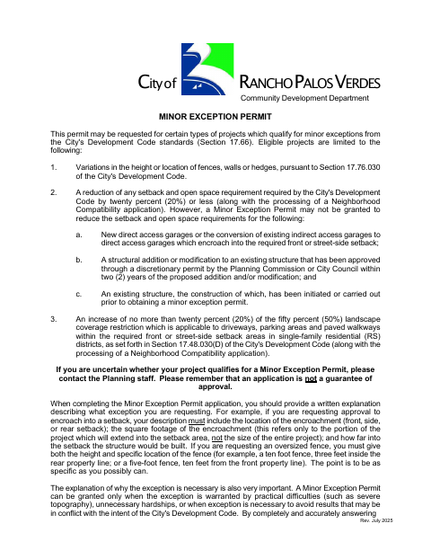 First page of the Minor Exception Permit