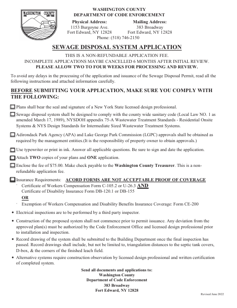 First page of the Sewage Disposal System Application