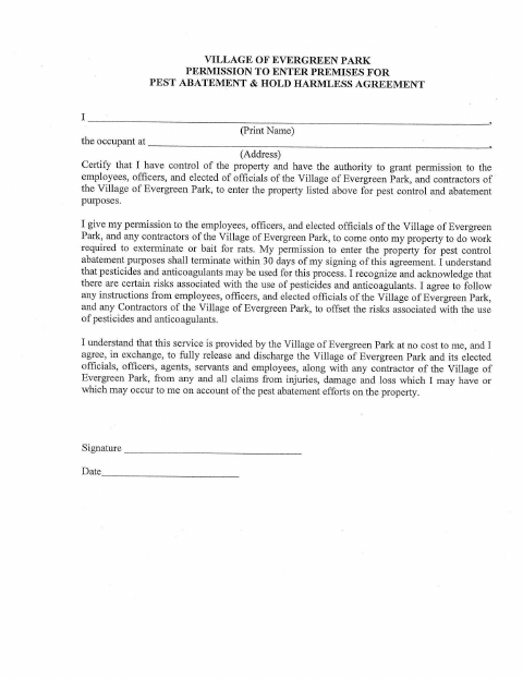 First page of the Pest Abatement Permission to Enter and Hold Harmless Agreement