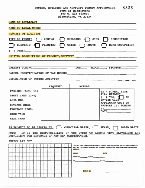 First page of the Zoning, Building and Activity Permit Application