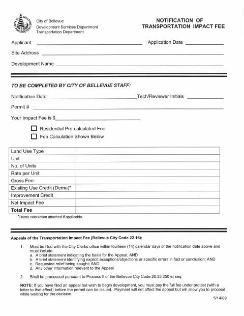 First page of the Transportation Impact Fee Form