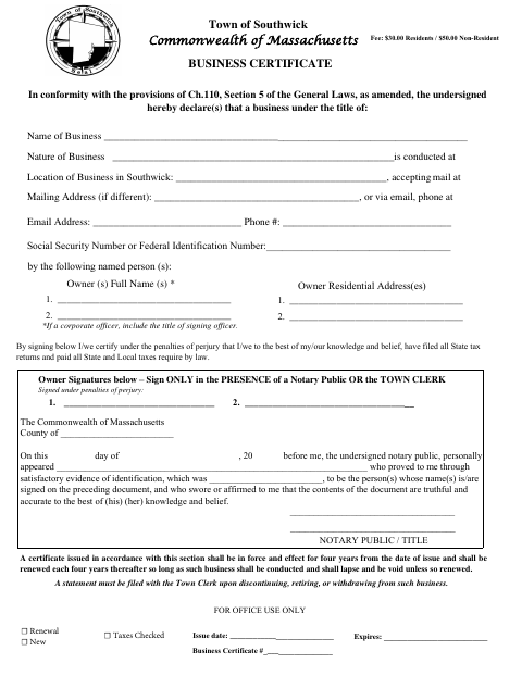First page of the Business Certificate Application